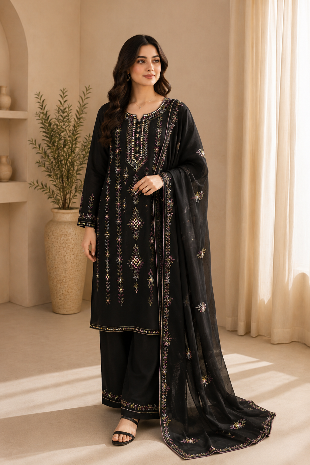 Noor-e-Shab 3-piece unstitched lawn suit. Hand embroidery | Mirror work