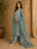 Sage Green Hand-Embroidered Mirror Work Unstitched 3-Piece Lawn Suit | Sheesha Gucchi