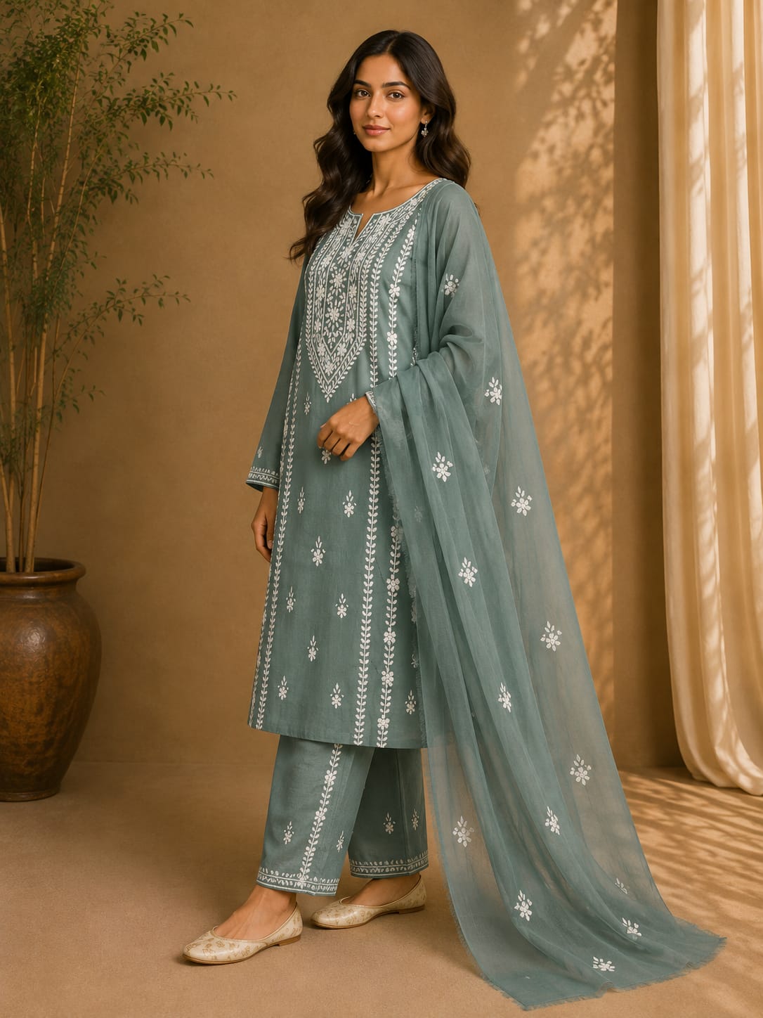 Sage Green Hand-Embroidered Mirror Work Unstitched 3-Piece Lawn Suit | Sheesha Gucchi