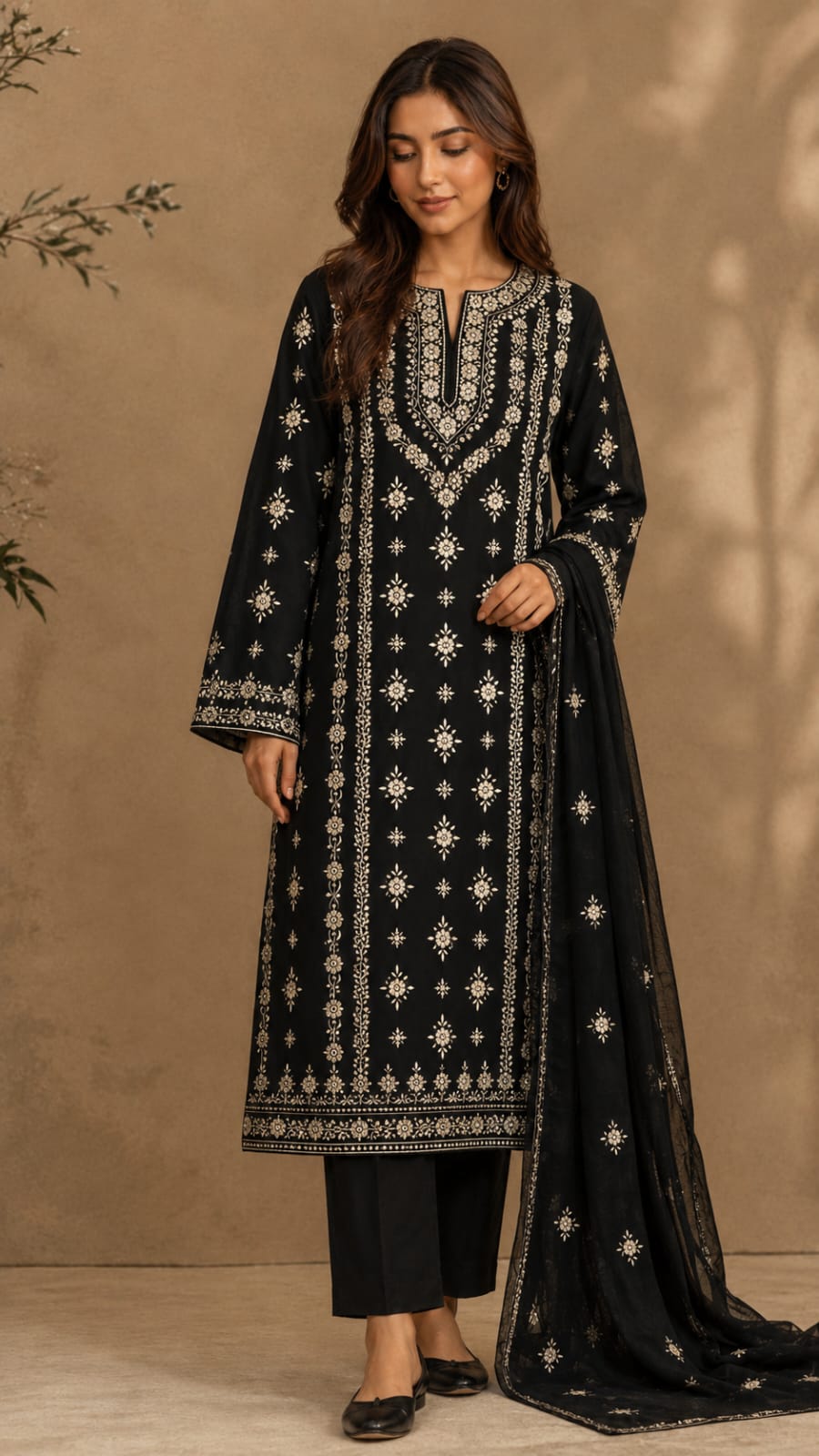 Classic Black Hand-Embroidered Mirror Work Unstitched 3-Piece Lawn Suit | Sheesha Gucchi