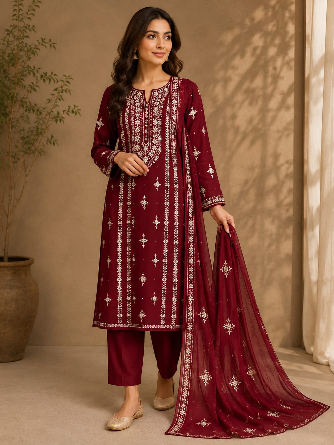 Maroon Hand-Embroidered Mirror Work Unstitched 3-Piece Lawn Suit | Sheesha Gucchi