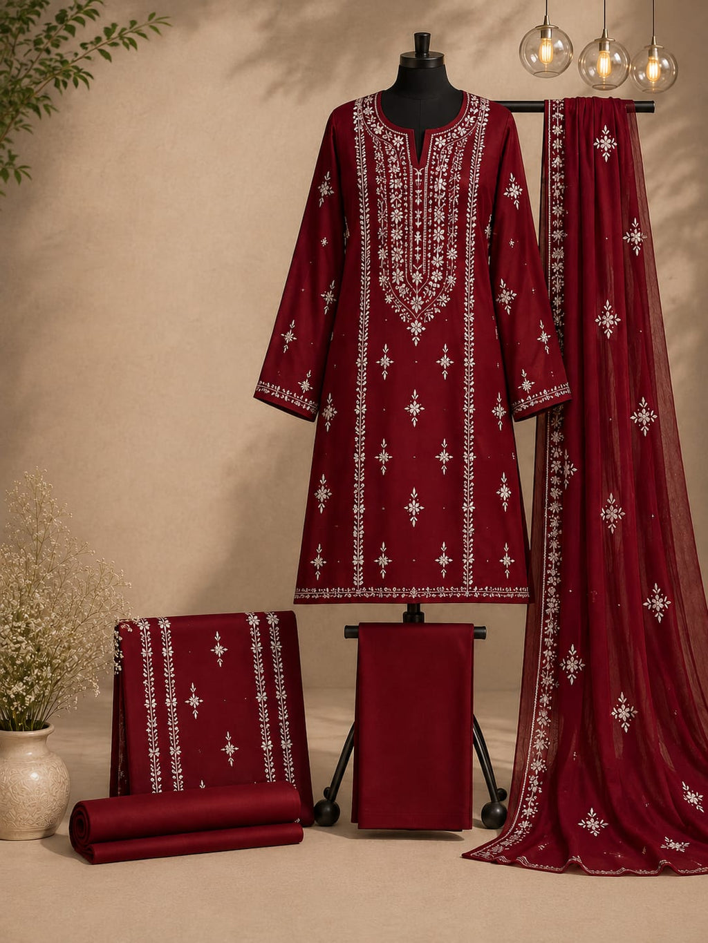 Maroon Hand-Embroidered Mirror Work Unstitched 3-Piece Lawn Suit | Sheesha Gucchi