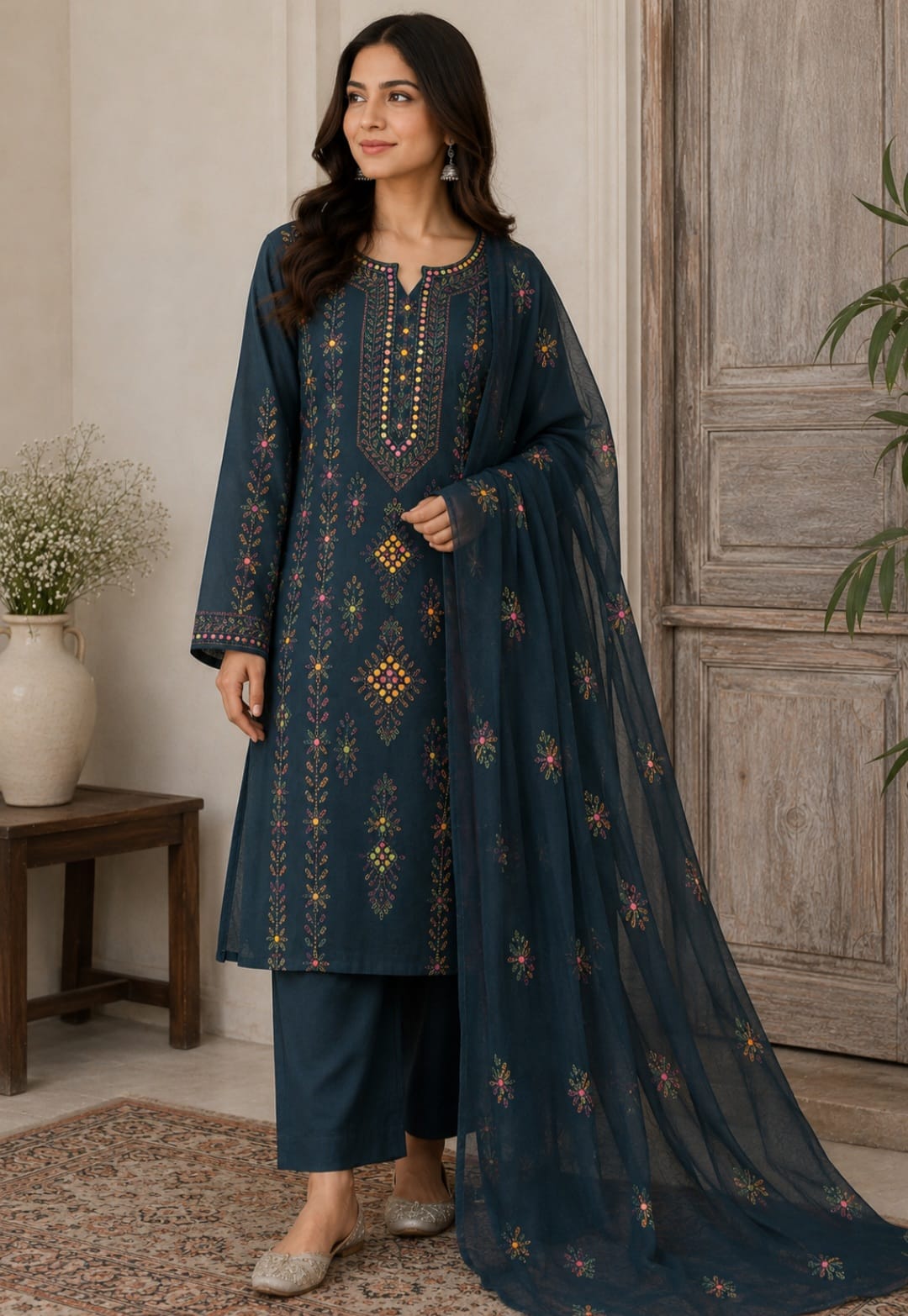 Midnight Blue Multi-Colored Thread & Mirror Work  Lawn Suit with Chiffon Dupatta