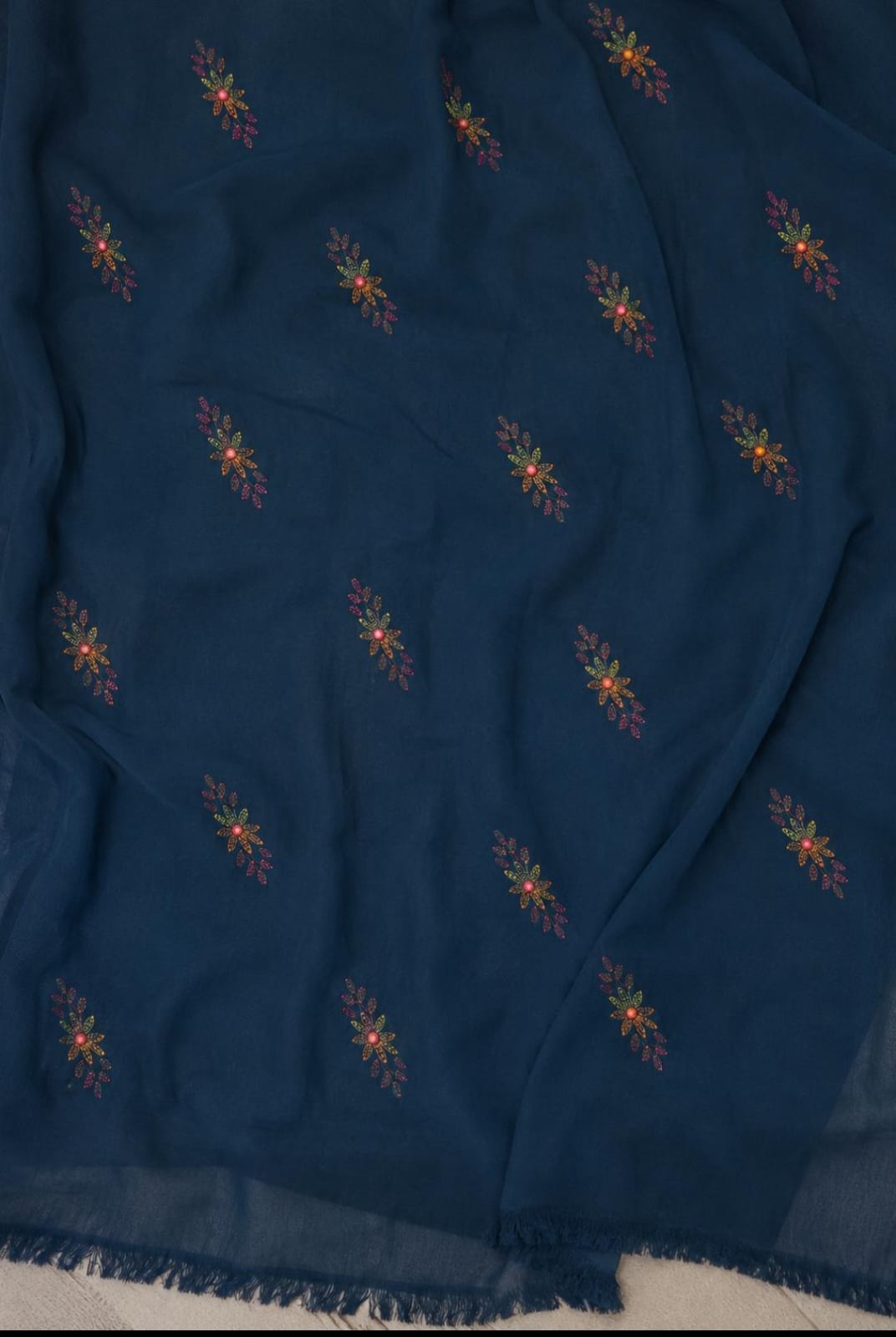 Midnight Blue Multi-Colored Thread & Mirror Work  Lawn Suit with Chiffon Dupatta