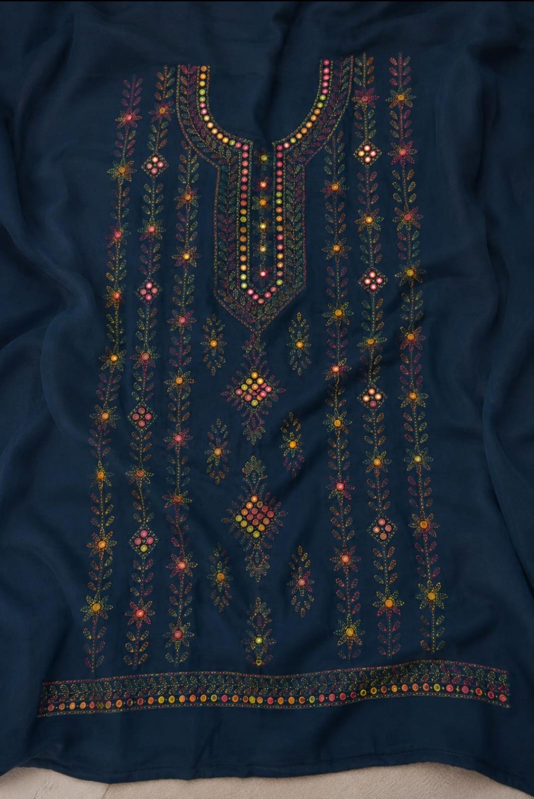 Midnight Blue Multi-Colored Thread & Mirror Work  Lawn Suit with Chiffon Dupatta