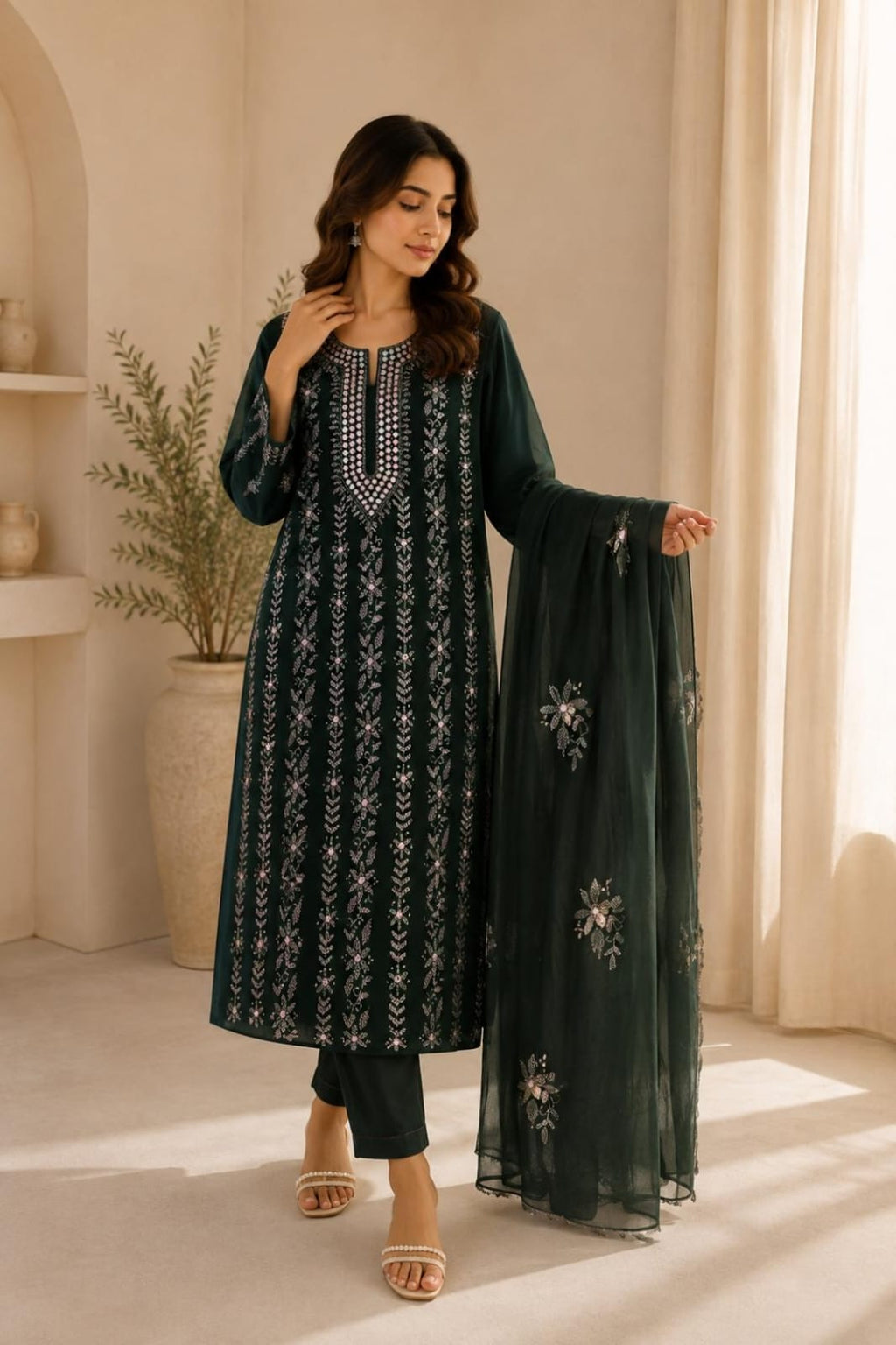 Deep Pine Green Hand-Embroidered Mirror Work Unstitched 3-Piece Lawn Suit | Sheesha Gucchi