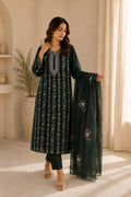 Deep Pine Green Hand-Embroidered Mirror Work Unstitched 3-Piece Lawn Suit | Sheesha Gucchi