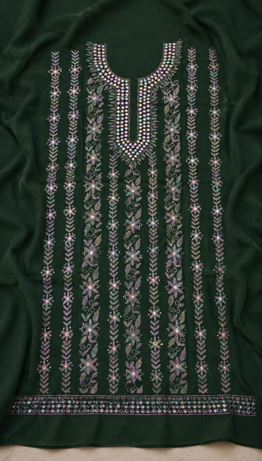 Deep Pine Green Hand-Embroidered Mirror Work Unstitched 3-Piece Lawn Suit | Sheesha Gucchi