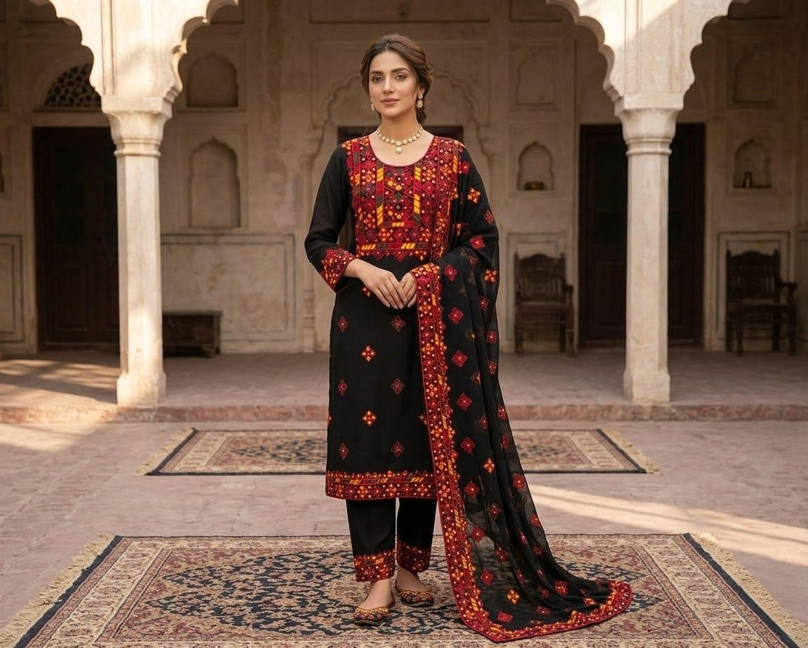 Midnight Black  2-Piece unstitched Georgette hand embroidery | Mirror work