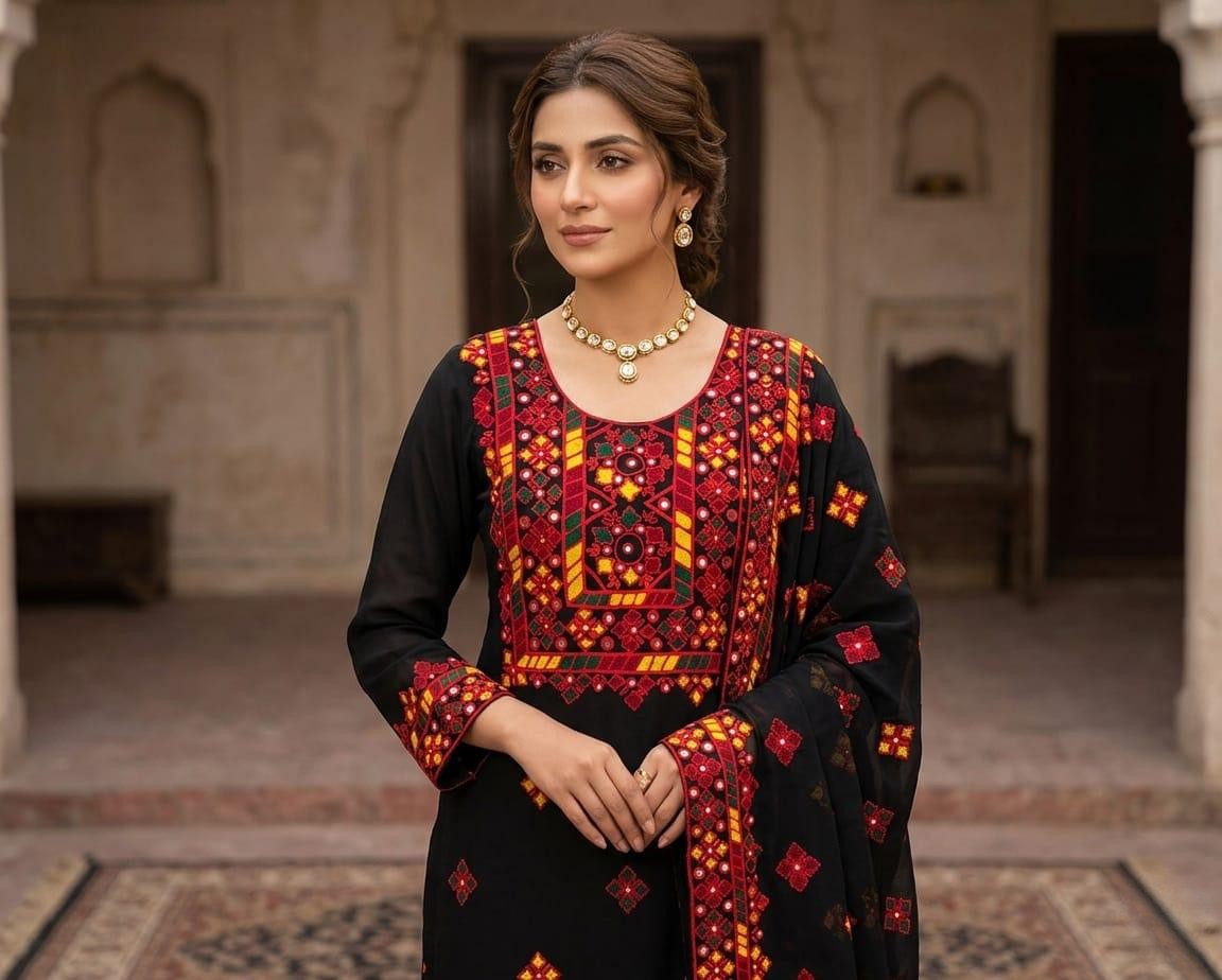 Midnight Black  2-Piece unstitched Georgette hand embroidery | Mirror work