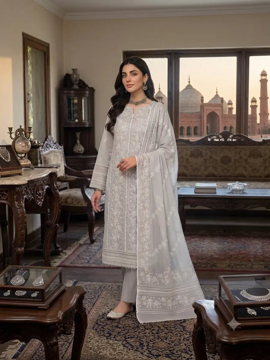 Option 2: Pearl Grey Chiffon 2-Piece Set | Hand Embroidery, Tarkashi & Mirror Detail