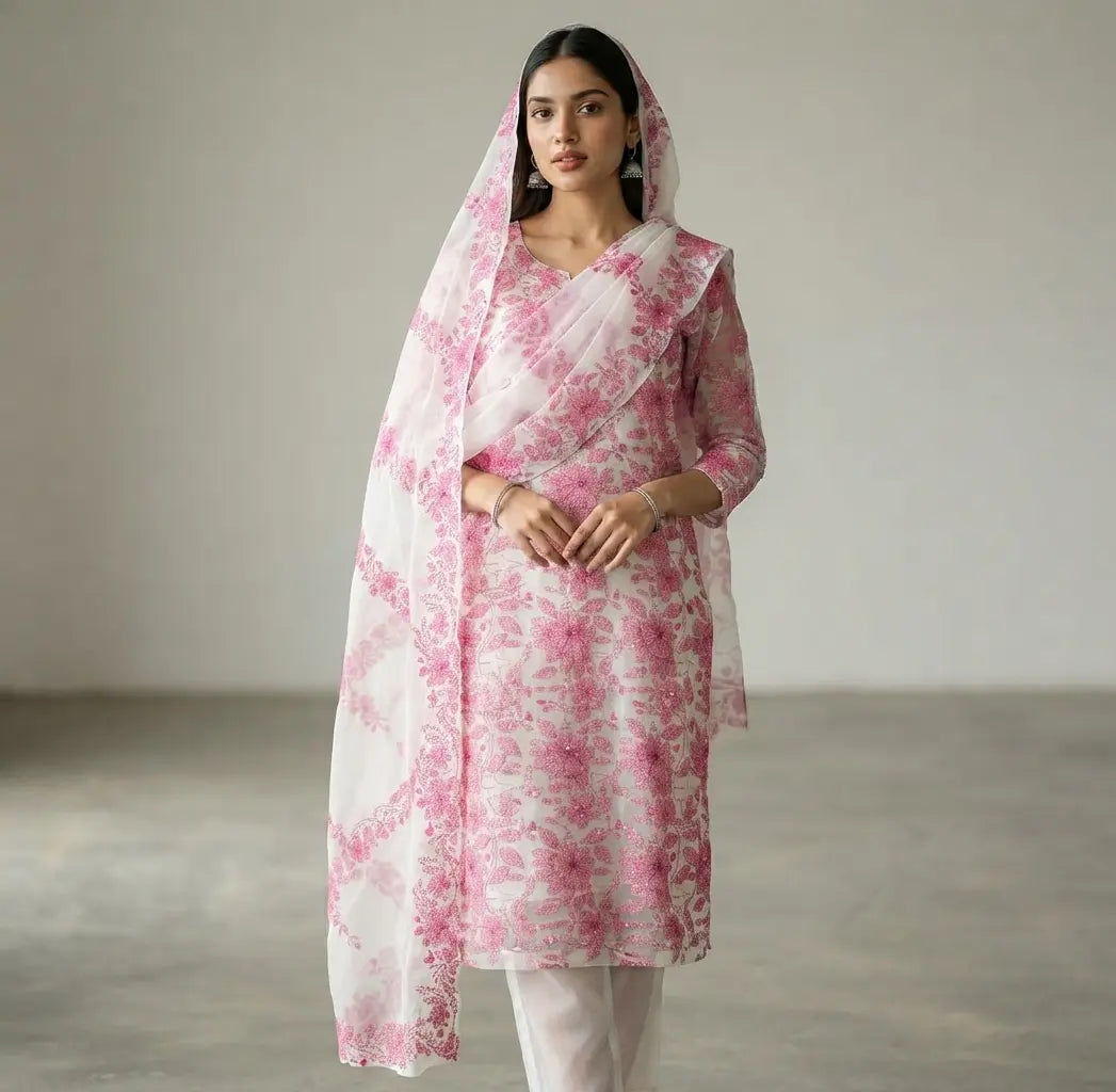 Pink & White Floral Mirror-Work Ensemble